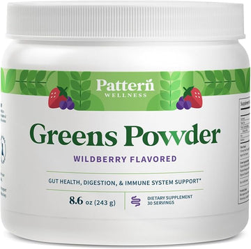 Pattern Wellness Greens Powder Superfood - Complete with Antioxidant, Digestive Enzyme, Fiber, Probiotic, & Adaptogen Blends - Gut, Digestion, & Immune System - 30 Servings - 8.6 oz (Wildberry Flavor)