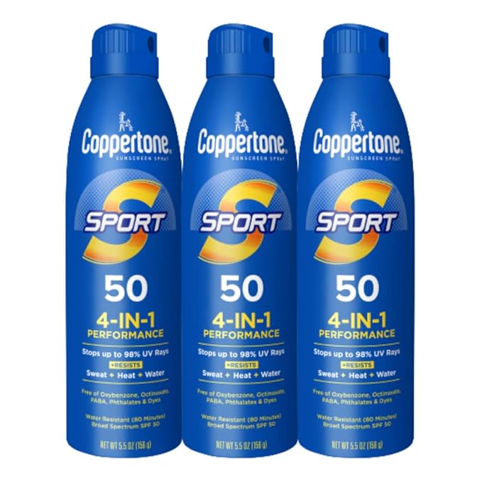 Coppertone Sport Sunscreen Spray SPF 50, Sweat, Heat and Water Resistant Sunblock, Lightweight, Oxybenzone Free, Spray Sunscreen Bulk Pack, 5.5 Oz Bottle, Pack of 3 (Packaging May Vary)
