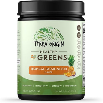 TERRA ORIGIN Healthy Greens Powder, Superfoods, Probiotics, Enzymes, Immune & Digestive Support, Energy & Wellness Boost, Gut Health, 30 Servings (1-Pack, Tropical Passionfruit)