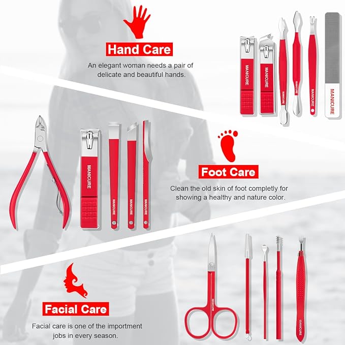 Manicure Set Professional Nail Clippers Pedicure Kit, 16 pcs Stainless Steel Nail Care Tools Grooming Kit with Luxurious Travel Leather Case for Thick Nails Men Women Gift (Red)