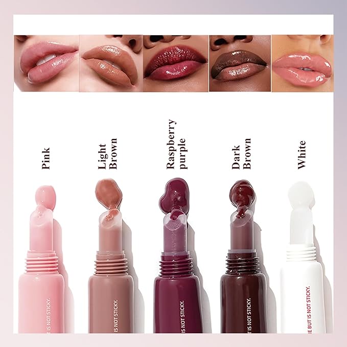 5 Pcs Hydrating Lip Gloss Lip Jam Set, High Shine Glass Finish Nude Colors Moisturizing Glitter Plumping Lip Gloss Shiny Jelly Liquid Lipstick for Girls and Women