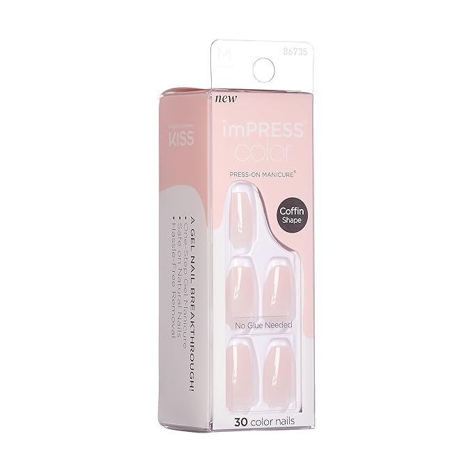 KISS imPRESS No Glue Mani Press On Nails, Color, 'Serendipity', Pink, Medium Size, Coffin Shape, Includes 30 Nails, Prep Pad, Instructions Sheet, 1 Manicure Stick, 1 Mini File