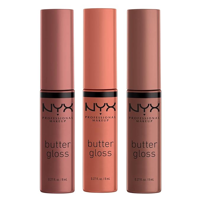 NYX PROFESSIONAL MAKEUP Butter Gloss Brown Sugar, Non-Sticky Lip Gloss - Pack Of 3 (Sugar High, Spiked Toffee, Butterscotch)