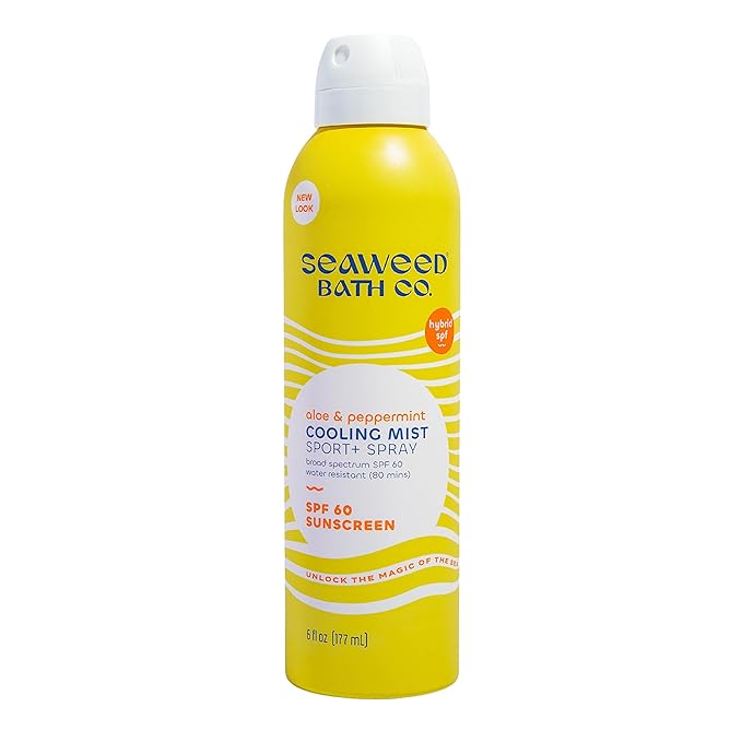 Seaweed Bath Co. Cooling Mist SPF 60 Sport Broad Spectrum Hybrid Sunscreen Spray, 6 Ounce, Sustainably Harvested Seaweed, Aloe, Peppermint