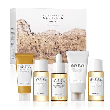 SKIN1004 Madagascar Centella Travel Kit, Toner, Ampoule, Soothing Cream, Cleansing Oil, Ampoule Foam, Basic Skincare Box, Compact Size, Gift Sets, Mothers Day Gifts for Mom Gifts for Women, Trial Kit