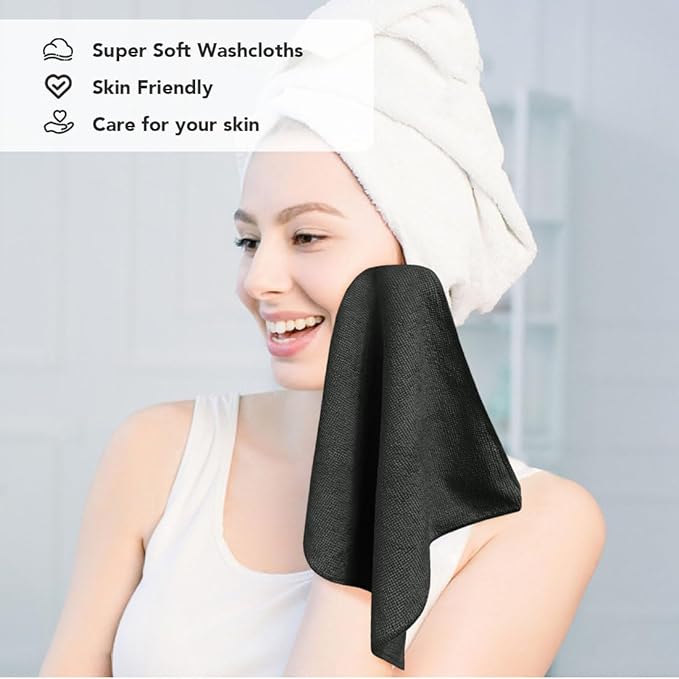 Orighty Wash Cloths Bulk Towels Set 200 Pack, Highly Absorbent and Soft Feel Microfiber Face Cloths, Multi-Purpose Washcloths & Hand Towels for Bathroom, Hotel, Spa, and Gym, 12x12 Inch, Black