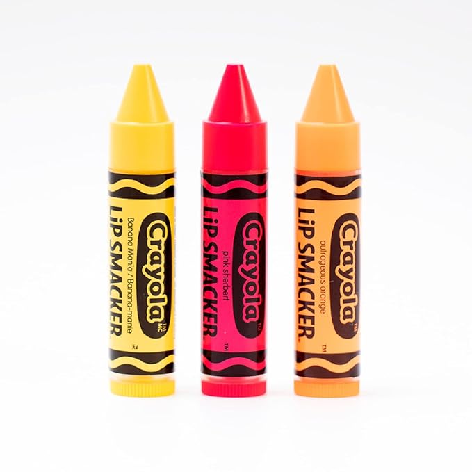 Lip Smacker Crayola Crayon Flavored Lip Balm - Moisturizing, Soothing Trio Banana Mania, Pink Sherbert, & Outrageous Orange
