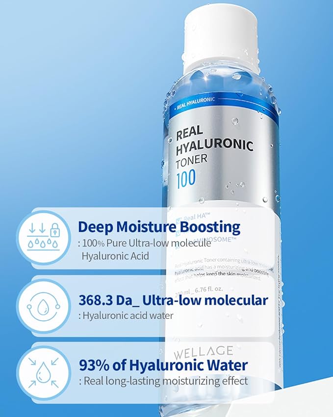 WELLAGE Real Hyaluronic Toner 100 - Korean Facial Toner with 93% Ultra Low Molecular Hyaluronic Acid - Moisturizing, Hypoallergenic, Skin Irritation-Free, K-Beauty Skincare, 6.76 fl.oz.