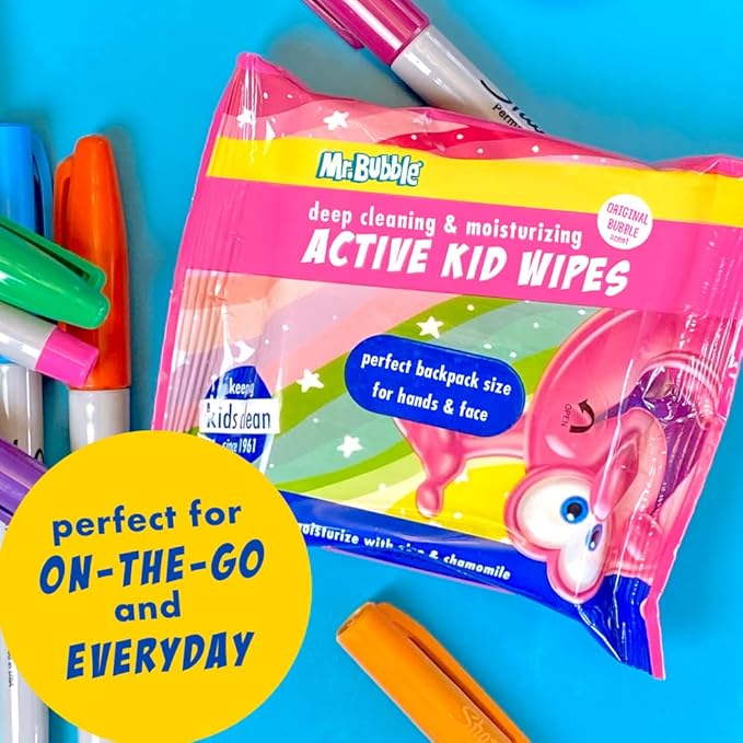 Mr. Bubble Moisturizing Kids Gentle Face and Hand Wipes, Travel Size Biodegradable Deep Cleaning Towelettes Made with Hydrating Aloe Vera and Chamomile (Pack of 12 Pouches, 15 Wipes Each)