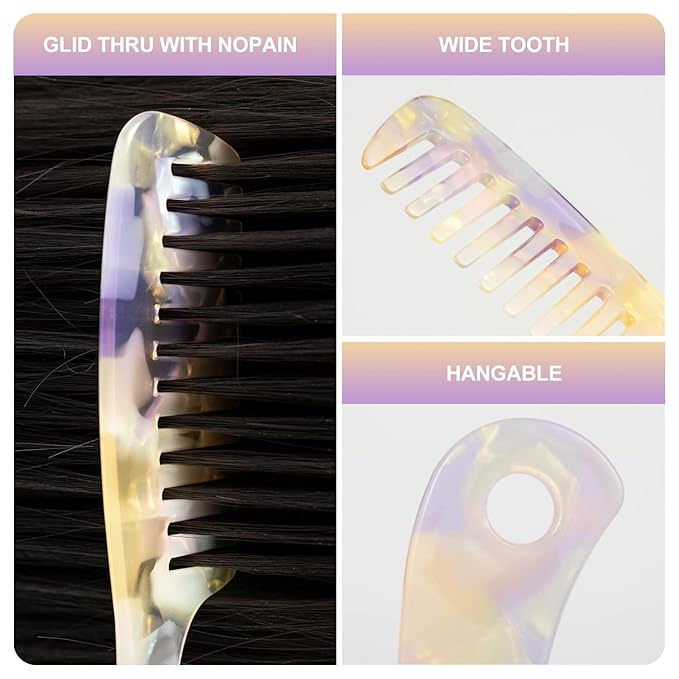 Large Wide Tooth Hair Comb 7.3 in, LADYAMZ [Tortoise Shell] Cellulose Acetate Round Tooth Comb for Straight/Curly Hair,Short/Long Hair Women Men or Kids, Easy Detangling Wet or Dry, Anti-static