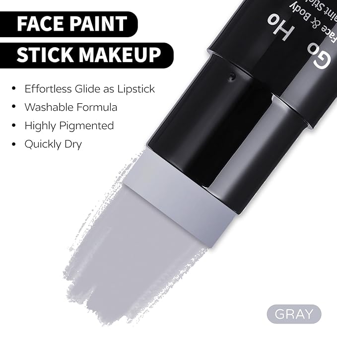 Go Ho Light Grey Face Body Paint Stick,Easily Washable Formula Gray Face Paint Stick,Non-toxic Full-coverage Cream Grey Body Paint for Adults Children Halloween Skull Zombie Goth Cosplay SFX Makeup