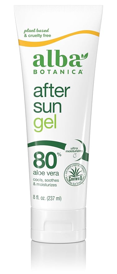 Alba Botanica Aloe Vera Gel for Skin, Cooling After Sun Treatment for Face and Body, Made with Purity Certified 80% Aloe Vera Gel Formula, 8 fl. oz. Tube (Packaging May Vary)
