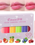 evpct 6Pcs Peach Strawberry Black Red Cherry Watermelon Blueberry Pineapple Tinted Lip Balms PH Lip Color Changing Lipstick Stain Set Queen for Women Girls Korean Mood Pink Lipstick Lip Tint Gloss