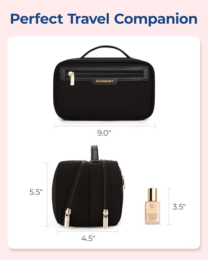 BAGSMART Toiletry Bag for Women, Travel Makeup Bag Organizer, Wide-open Make Up Bag Cosmetic Bags for Women for Travel Essentials Toiletries Accessories Bottles, Brushes, Black