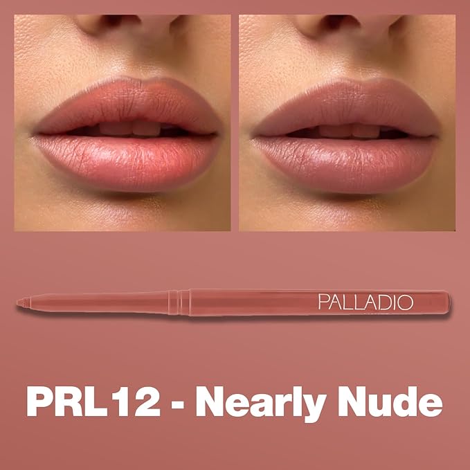 Palladio Retractable Waterproof Lip Liner High Pigmented and Creamy Color Slim Twist Up Smudge Proof Formula with Long Lasting All Day Wear No Sharpener Required, Nearly Nude