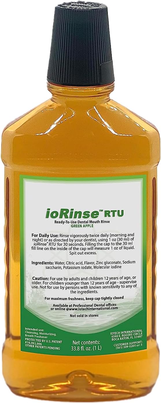 ioRinse Ready-to-Use (RTU) Mouthwash for Fresher Breath, Halitosis Relief, Alcohol-Free, Fluoride-Free and a Professional Clean, Original ioRinse RTU Mouth Wash, Zero Alcohol - Green Apple Flavor, 1L