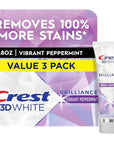 Crest 3D White Brilliance Vibrant Peppermint Teeth Whitening Toothpaste, 4.6 oz Pack of 3, Anticavity Fluoride Toothpaste, 100% More Surface Stain Removal, 24 Hour Active Stain Prevention