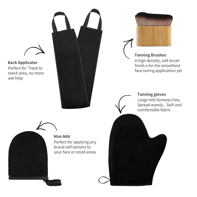 FUNAN Self Tanning Application Kit, 4-Piece Set with Back Applicator, Mini Mitt, Tanning Mitts and Ultra Soft Self Tanner Brush Bamboo Kabuki Brush, Black