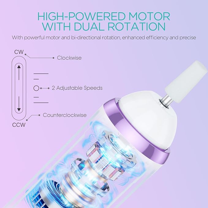 Electric Nail Drill, Cordless Nail File Machine Kit 2 Directions & Speeds for Acrylic, Gel Nails, Rechargeable with LED & 6 Nail Drill Bits for Professional Manicure and Pedicure, Purple ND310