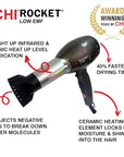CHI Rocket Hair Dryer, Hair Dryer With Comb & Drying Nozzle Attachment, Quick-Drying For Shiny, Frizz-Free Hair, Lightweight & Low EMF