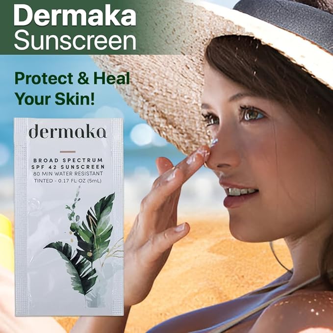 Dermaka Travel Size Sunscreen SPF 42 for Face & Body – 2-in-1 Lightly Tinted Mineral Sunscreen with Zinc Oxide & Titanium Dioxide – Skin Soothing, Water-Resistant 80 Min, 5ml 25 sachets