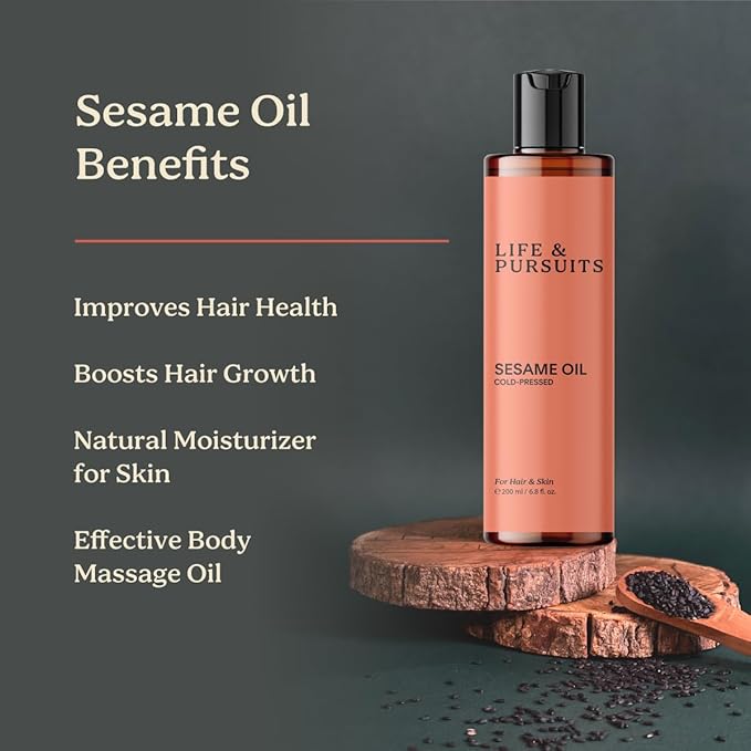 Life & Pursuits 100% Cold-Pressed Unrefined Sesame Oil - Nourishing Oil for Hair and Skin, Promotes Radiance, Moisture, and Healthy Growth for Men & Women (6.76 Fl Oz)