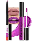 evpct 2Pcs Purple Shimmer Glitter Shiny Liquid Lipstick Lip Gloss Stain and Retractable Lip Liner Makeup Set for Women Long Lasting Waterproof 24 Hours Lipstick labial mate larga duracion 24 51#