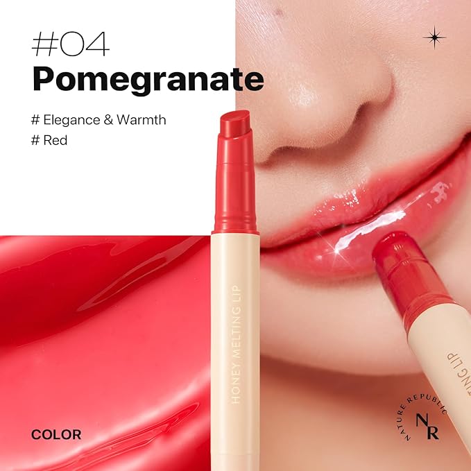 Nature Republic HONEY MELTING LIP (04 POMEGRANATE) SOFT LIP STICK, Hydrating Gloss, Moisturizing balms, Sheer tint, Shine & Glowy Finish, korean make up