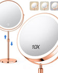 10X Large Lighted Makeup Mirror, Rechargeable 8" Height Adjustable Vanity Mirror, 1x/10x Magnifying Mirror with 3 Color, Brightness Adjustable, 360° Rotation Double Sided Mirror, Ideal Gift(Rose Gold)