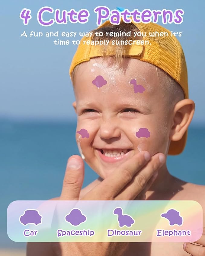 UV Stickers for Sunscreen - 120 Count UV Detection Stickers, Know When to re-Apply Sunscreen, Safe for Kids Age 3+, 4 Pattern Types for Boys & Girls