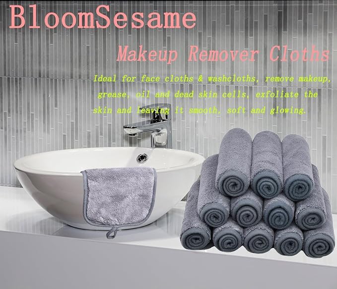 Makeup Remover Cloths for Face, Eye, Lips - Reusable Makeup Remover Pads Soft Microfiber Facial Cleansing Cloths 6 x 12 inch 6 Pack (Gray)