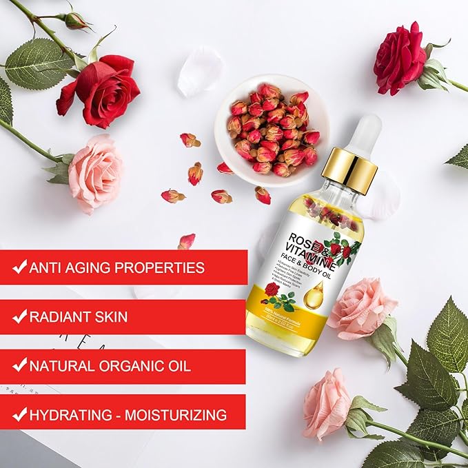 Vitamin E Oil, Rose Oil, Vitamin E Oil for Face, Organic Vitamin E Oil, Rose & Vitamin E Moisturizer Oil for Face and Skin Care 2 Fl Oz