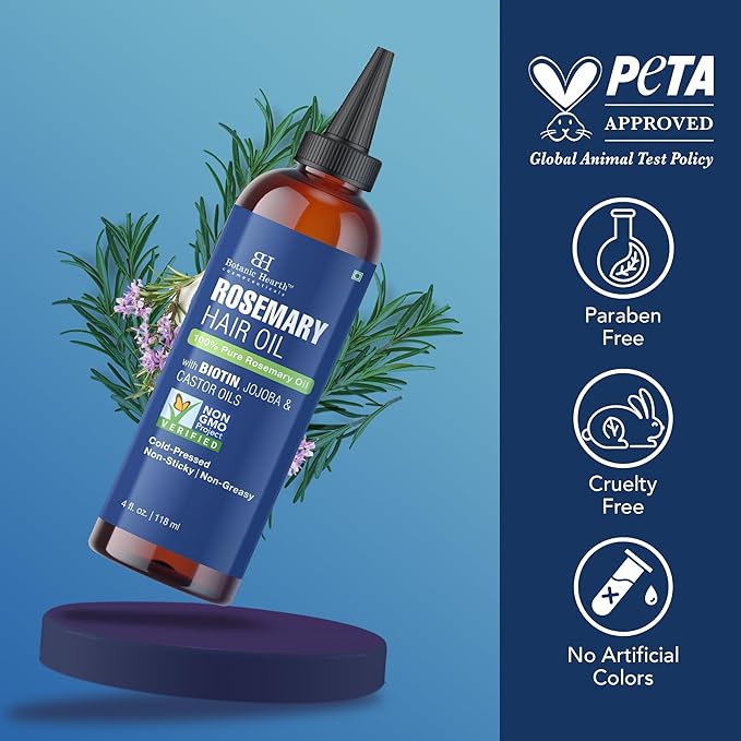Botanic Hearth 100% Pure Rosemary Oil For Hair Growth | Infused with Biotin, Jojoba & Castor Oil | Hair Oil Repairs Dry Damaged Hair, Strengthening, Healthier - Hair Tonic, 4.0 fl oz