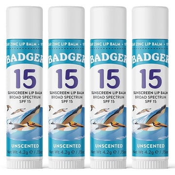 Badger Mineral Sunscreen Lip Balm SPF 15, Reef Safe, Zinc Oxide, Unscented, Travel Size, SPF Lip Balm Sunscreen Stick, .15 oz 4-Pack