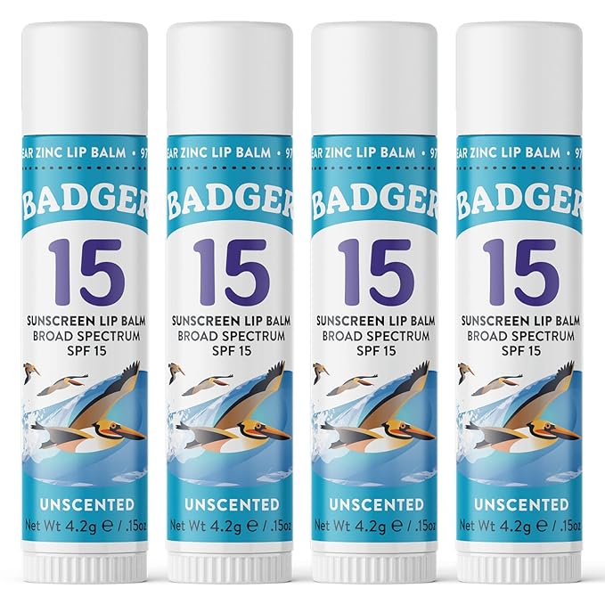 Badger Mineral Sunscreen Lip Balm SPF 15, Reef Safe, Zinc Oxide, Unscented, Travel Size, SPF Lip Balm Sunscreen Stick, .15 oz 4-Pack