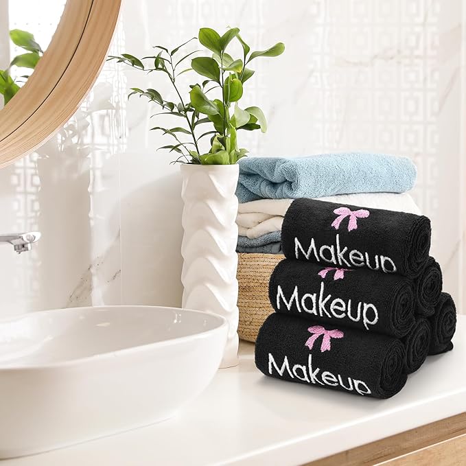 Shimeyao 20 Pack Makeup Towels Black Makeup Washcloths for Face Pink Bow Soft Microfiber Remover Cloth 13x13 Inch Quick Dry Face Towels for Cleansing Hand