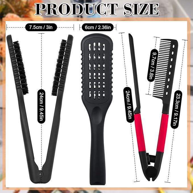 Chengu 2 Pcs Boar Bristles Clamp Double Sided Straightening Comb and Flat Iron Brush for Hair Styling and Straightening Knotty Unkempt Hair (Black, Rose Red)