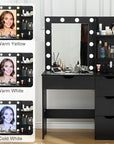 Vanity Desk with Mirror and Lights, 4 Drawers, Open Shelves, Built-in Power Outlets, 3 Lighting Colors Adjustable Dressing Table for Bedroom, Makeup Studio, Black