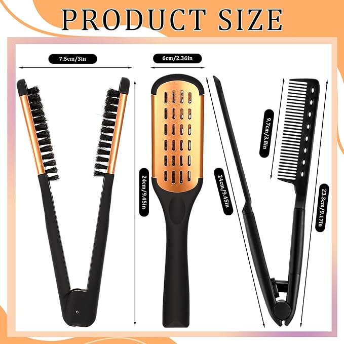 CHENGU 2 Pcs Hair Straightening Combs, Boar Bristles Clamp Double Sided Brush & V Shaped Styling Hair Comb, For Straightening Knotty Unkempt Hair (Gold, Black)
