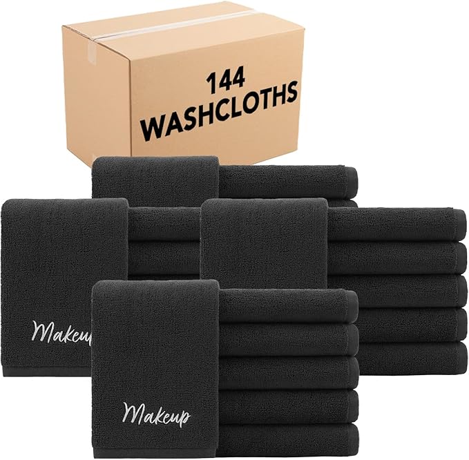 Arkwright Makeup Towels - Bulk Case of 144 - Super Soft 100% Cotton, Gentle & Lightweight Face Make Up Remover Washcloths, Guest Essentials for Hosts & Artists, 13 x 13 in, Black
