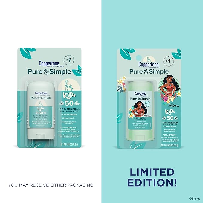 Coppertone Pure and Simple Kids Exclusive Disney Moana Sunscreen Stick SPF 50, Hypoallergenic, Mineral Sunscreen for Kids, Water Resistant, Oxybenzone and Octinoxate Free, 0.49 Oz Stick