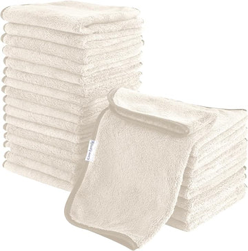 Cosy Family 24 Pack Soft Washcloths Set - 12 x 12 inches, Quick Drying - Highly Absorbent Coral Velvet Fingertip Towel Bathroom Wash Clothes for Bath, Spa, Facial, Kitchen - Cream