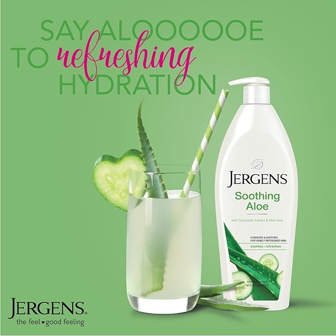 Jergens Soothing Aloe Refreshing Body Lotion, Aloe Vera Body and Hand Moisturizer, 21 Fl Oz, Illuminating Hydralucence Blend, with Cucumber Extract, Dermatologist Tested (Pack of 2)