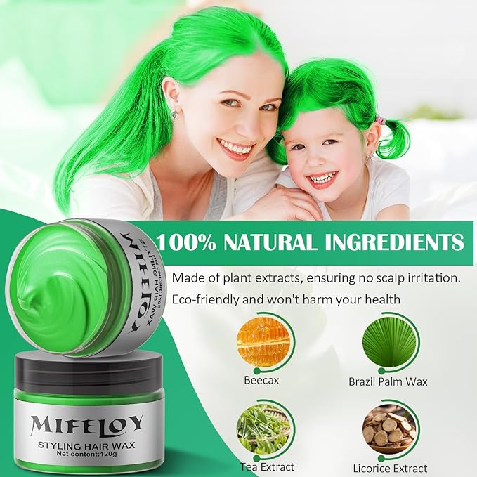 Green Temporary Hair Color Wax, Instant Natural Hairstyle Cream Dye, Washable Styling Pomadesfor Men Girls Women Youth, Disposable Coloring Mud for Party Cosplay DIY Halloween