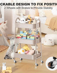EAGMAK 3 Tier Rolling Cart, Large Metal Storage Cart with Handle and Lockable Wheels, Big Multifunctional Storage Organizer Trolley with Mesh Baskets for Kitchen, Living Room, Office, Garage (Beige)