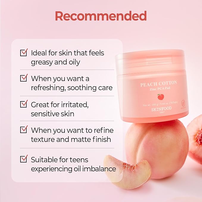 SKINFOOD Peach Cotton Zinc PCA Toner Pads, Korean Skincare for Dual Functional Hydrating,Soothing & Matte, Velvety Finish, Stocking Stuffers, Sebum Control for Sensitive, Oily, 5.64 oz (70 Pads)