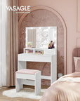 VASAGLE Vanity Desk with Power Outlets, Makeup Vanity with Mirror and Lights, with Upholstered Vanity Stool, 9 Dimmable LED Lights, 2 Compartments, 2 Drawers, for Bedroom, Cloud White URDT029W01
