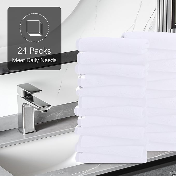 Cosy Family 24 Pack Soft Washcloths Set - 12 x 12 inches, Quick Drying - Highly Absorbent Coral Velvet Fingertip Towel Bathroom Wash Clothes for Bath, Spa, Facial, Kitchen - White