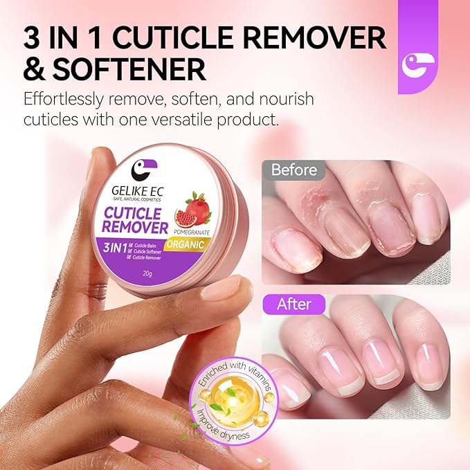 gelike ec Cuticle Care Balm Organic for Women: Pomegranate Natural Cuticle Softener Remover for Men to Smoothe, Repair, rejuvenate, Strengthen & Moisturize Cuticles