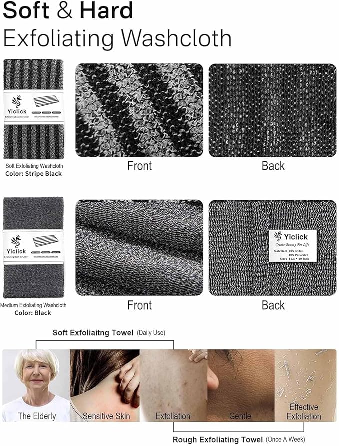 Yiclick 2 Pack Exfoliating Washcloth Towel - Body Scrubber Exfoliator, Loofah Sponge, Korean & Japanse & African Net Sponge Rag - Back Scrubber Washer for Use in Shower Bath